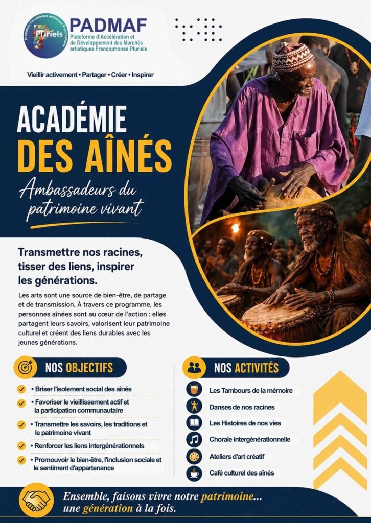 Affiche officielle du programme Académie des Aînés de PADMAF Pluriels valorisant la transmission du patrimoine culturel et le vieillissement actif.