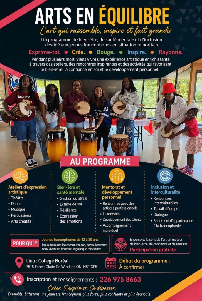 Affiche du programme Arts en Équilibre de PADMAF Pluriels au Collège Boréal pour le bien-être et la santé mentale des jeunes francophones.
