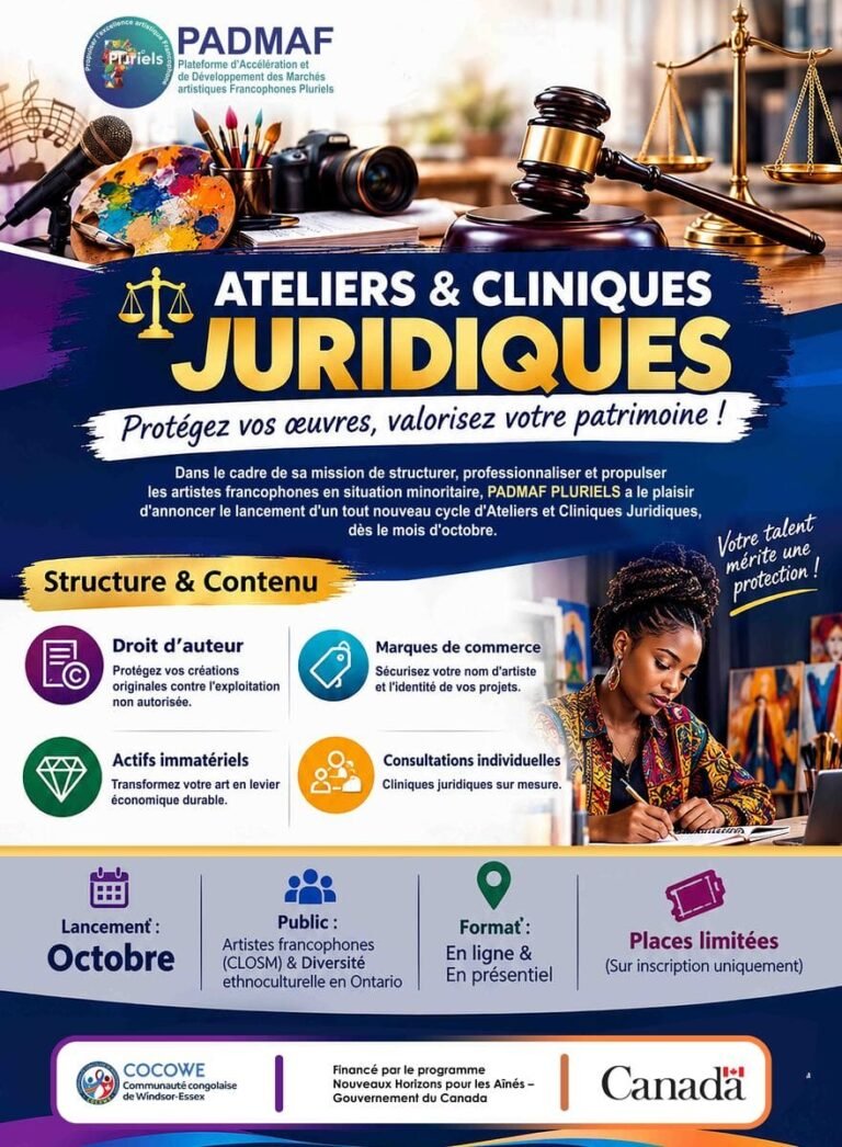 Affiche des ateliers et cliniques juridiques de PADMAF Pluriels pour la protection des droits d'auteur des artistes francophones en Ontario.
